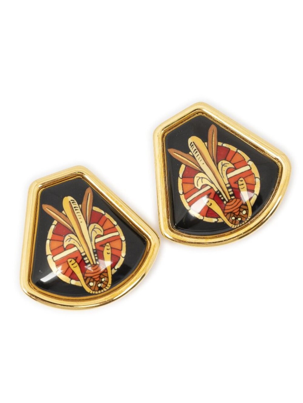 Hermes Inlaid Clip on Earrings Black Red Skull and Sunburst Motif